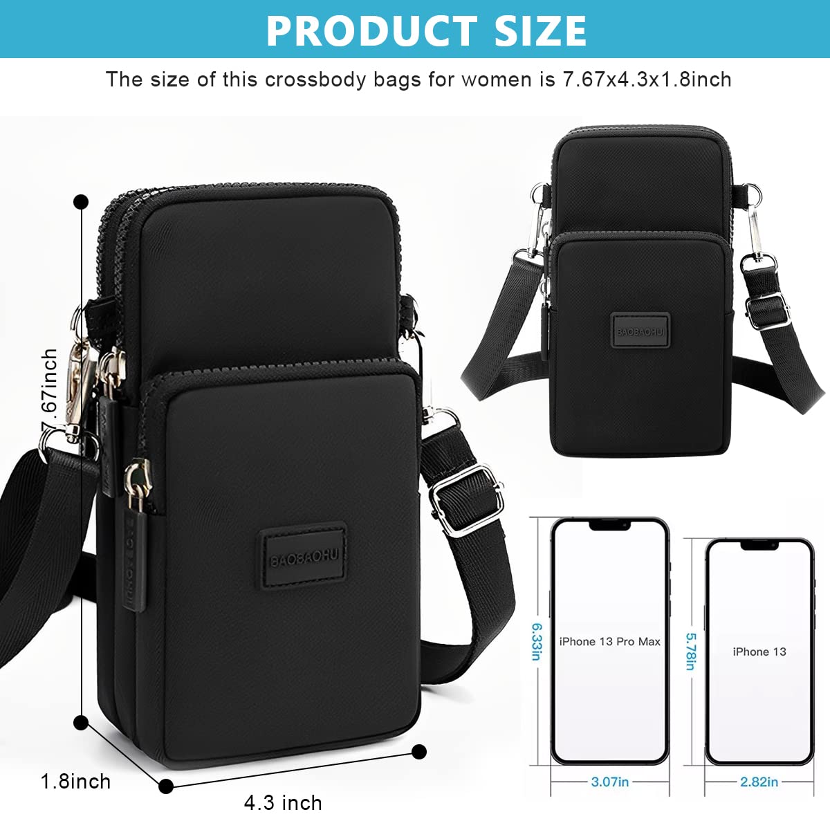 PALAY Small Crossbody Phone Bag for Women with 3 Zipper Layers 19×10×6 cm Oxford Cloth Black