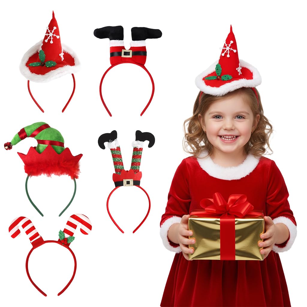 PALAY Christmas Headbands for Holiday Parties with Elf and Santa Designs 5Pcs Set