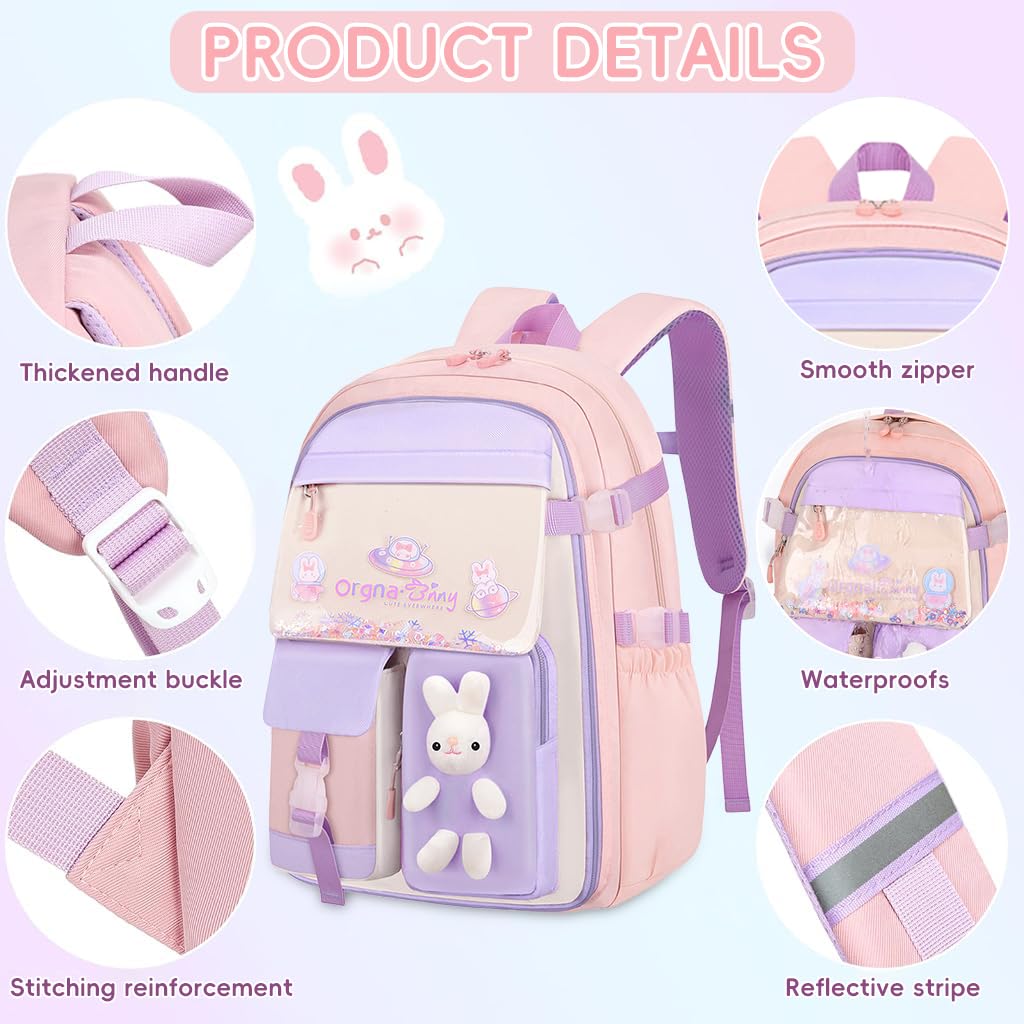 PALAY School Bag for Girls with Lunch Box and Pencil Case Set | Waterproof Pink Bunny Design