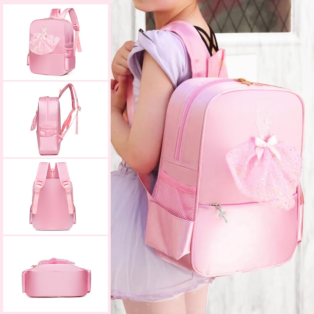 PALAY Girls Backpack for School and Travel with Writable Name Tag | Pink Nylon Ballet Dress Design