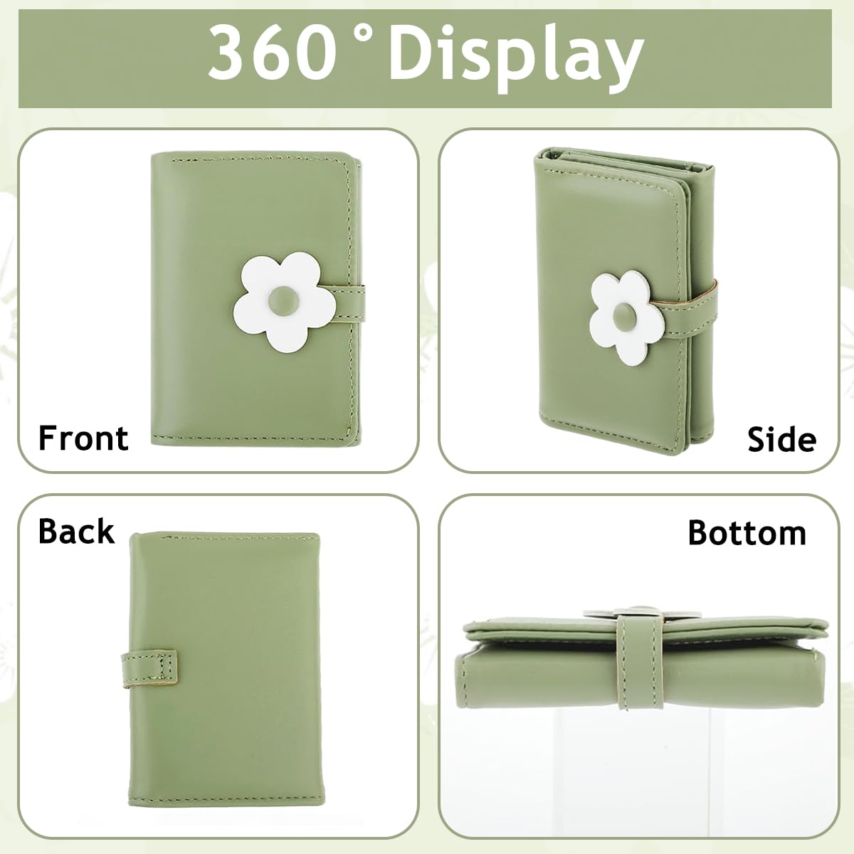 PALAY® Girls Wallet Women Wallet PU Leather Card Holder Girls Wallet Cute Flower Snap Button Wallet with Lovely Heart Shaped Photo Window Gift Wallet for Girls Christmas Gift, Green