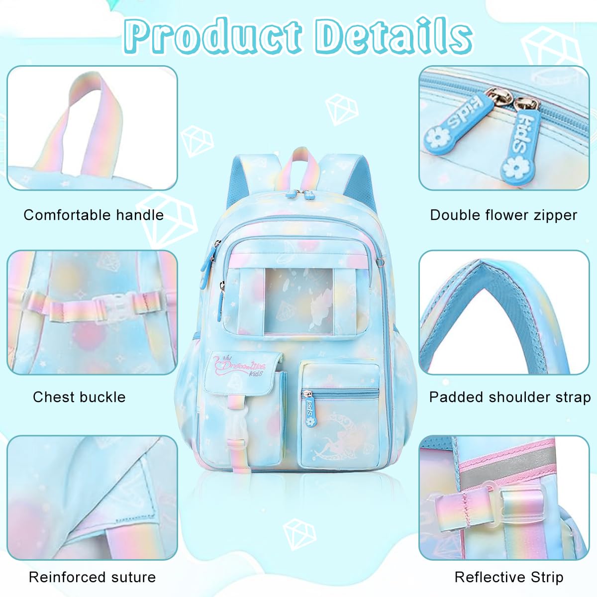 PALAY School Bag for Girls with 6 Badges and Ergonomic Support | Waterproof Nylon Backpack