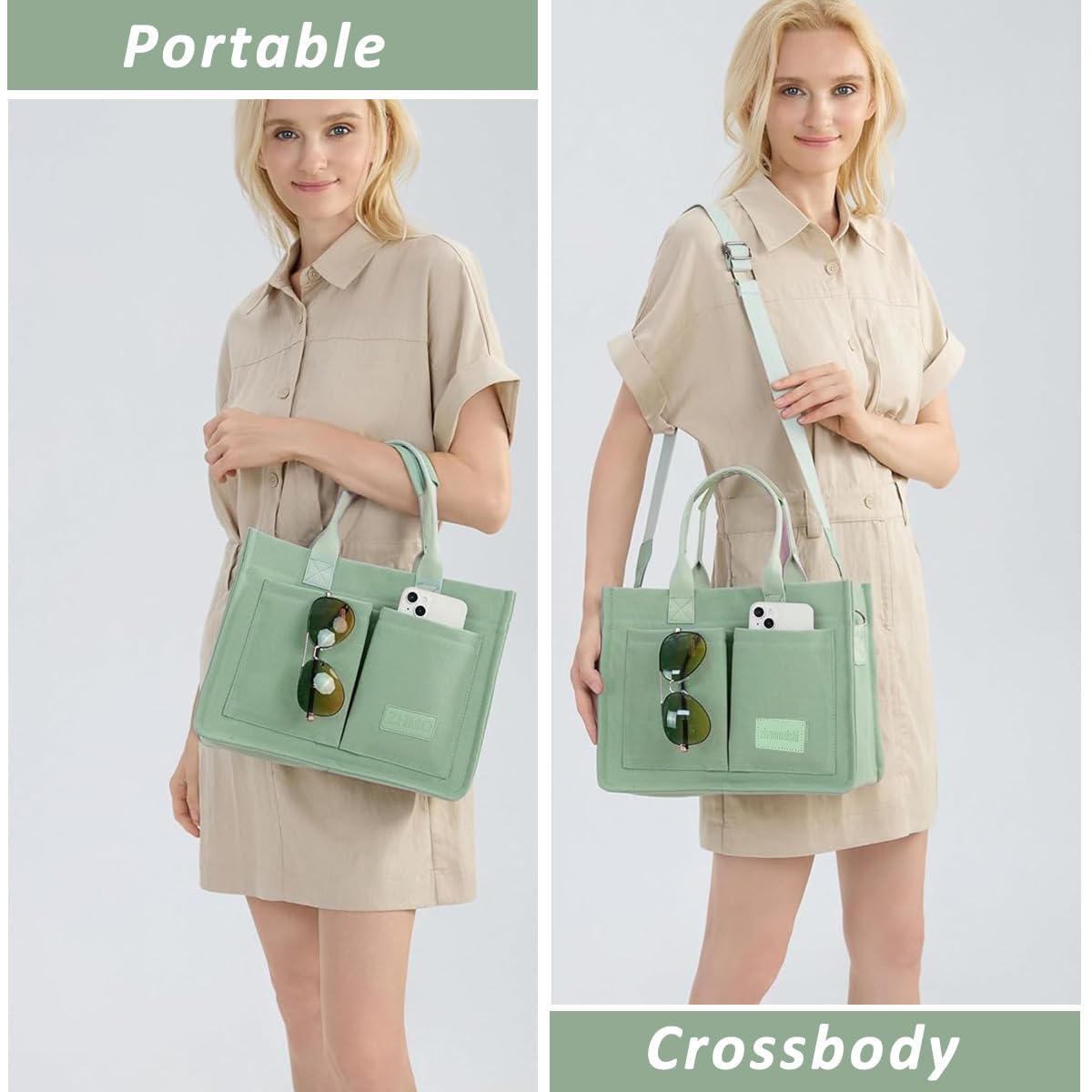 PALAY Tote Bag for Women with Multi Pocket Layout and Removable Shoulder Strap | Mint Green Canvas