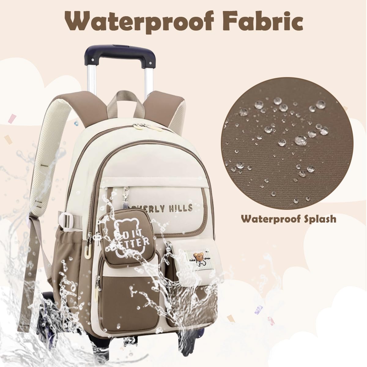 PALAY Trolley School Backpack for Kids with Wheels-Khaki