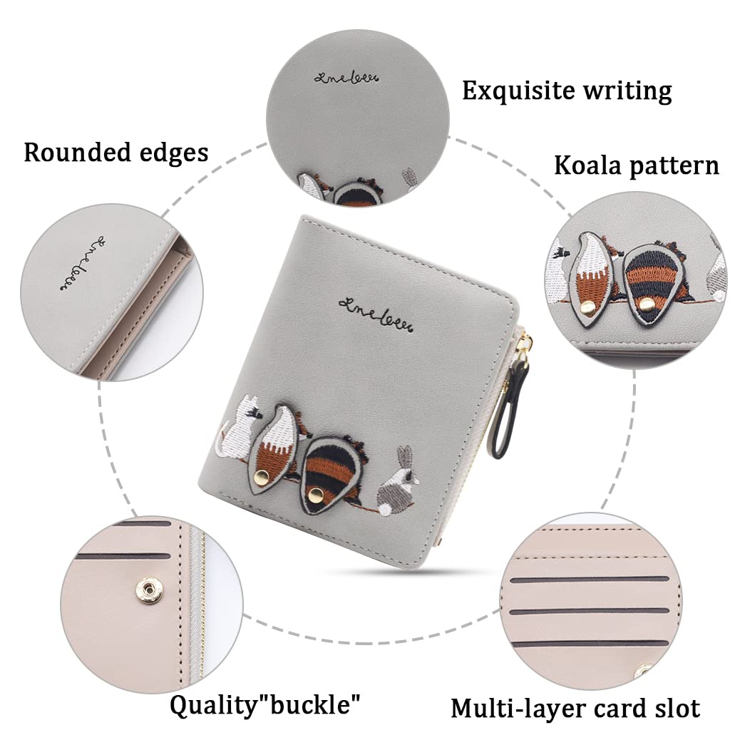 SANNIDHI® Small Wallets For Women, Cute Mini Animals Embroidery, Short Wallet Card Holder Billfold Leather Purse Wallet Gift For Girls (Grey)