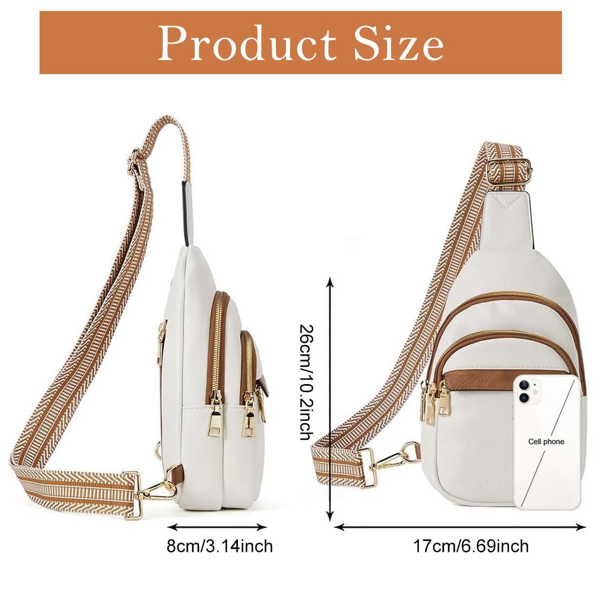 PALAY® Fashion PU Chest Bag for Women Chic Triple Layer Zipper Chest Bag with Nylon Webbing Print Strap Design Casual Sling Bag Crossbody Bag Multipurpose Chest Bag for Office, Hiking, Travel