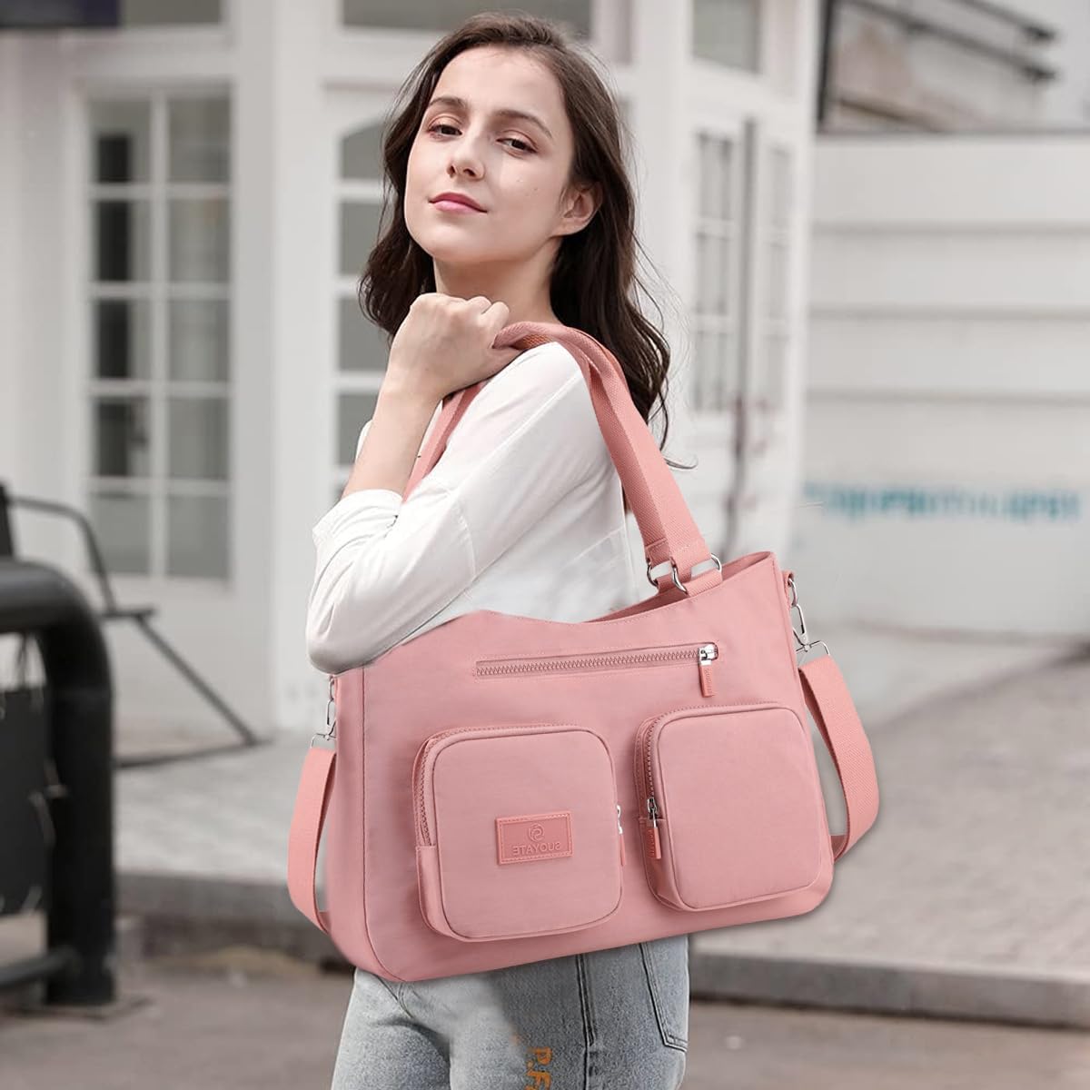 PALAY Tote Bag for Women with Multi Pockets and Removable Shoulder Strap | Pink Nylon Shoulder Handbag for Work and Travel