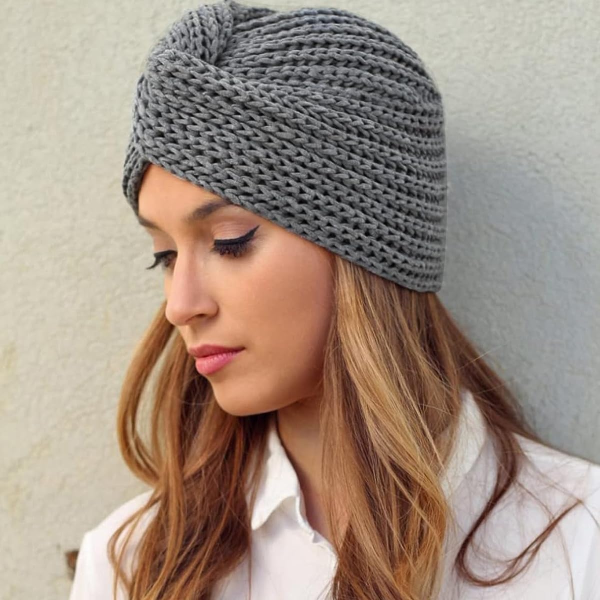 PALAY Womens Winter Turban Beanie Cap for Cold Weather with Crochet Design and Soft Acrylic Knit | Elegant Grey Hat Gift