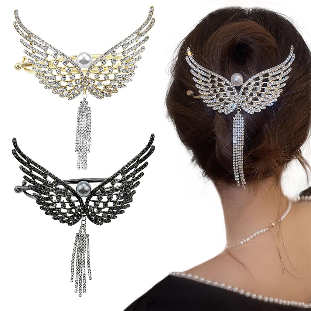 PALAY Hair Buns for Women Set of 2 with Butterfly Metal Rhinestone Tassels | Elegant Bun Maker Clips