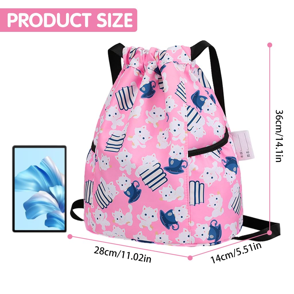 PALAY Drawstring Backpack for Kids with Adjustable Shoulder Strap and Pink Cartoon Print | 28x36cm Waterproof Nylon Bag