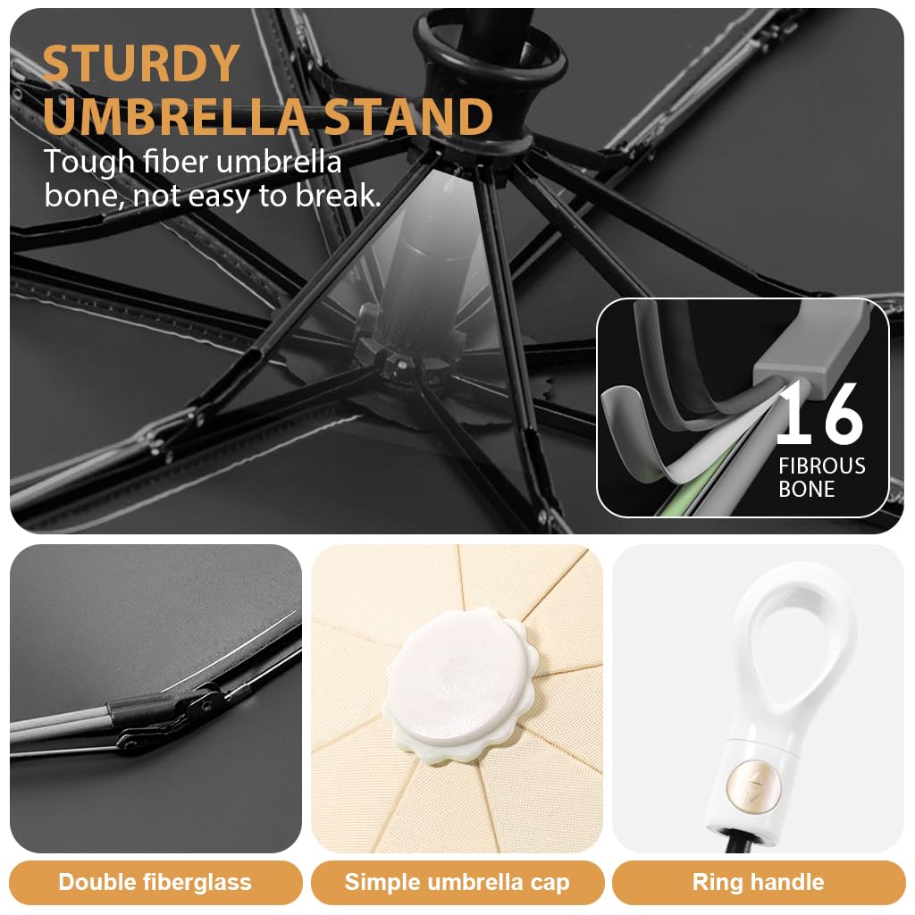 PALAY Sun Umbrella for Travel and Rain with 8 Fiberglass Ribs and Rubber Handle | Beige UV Protection