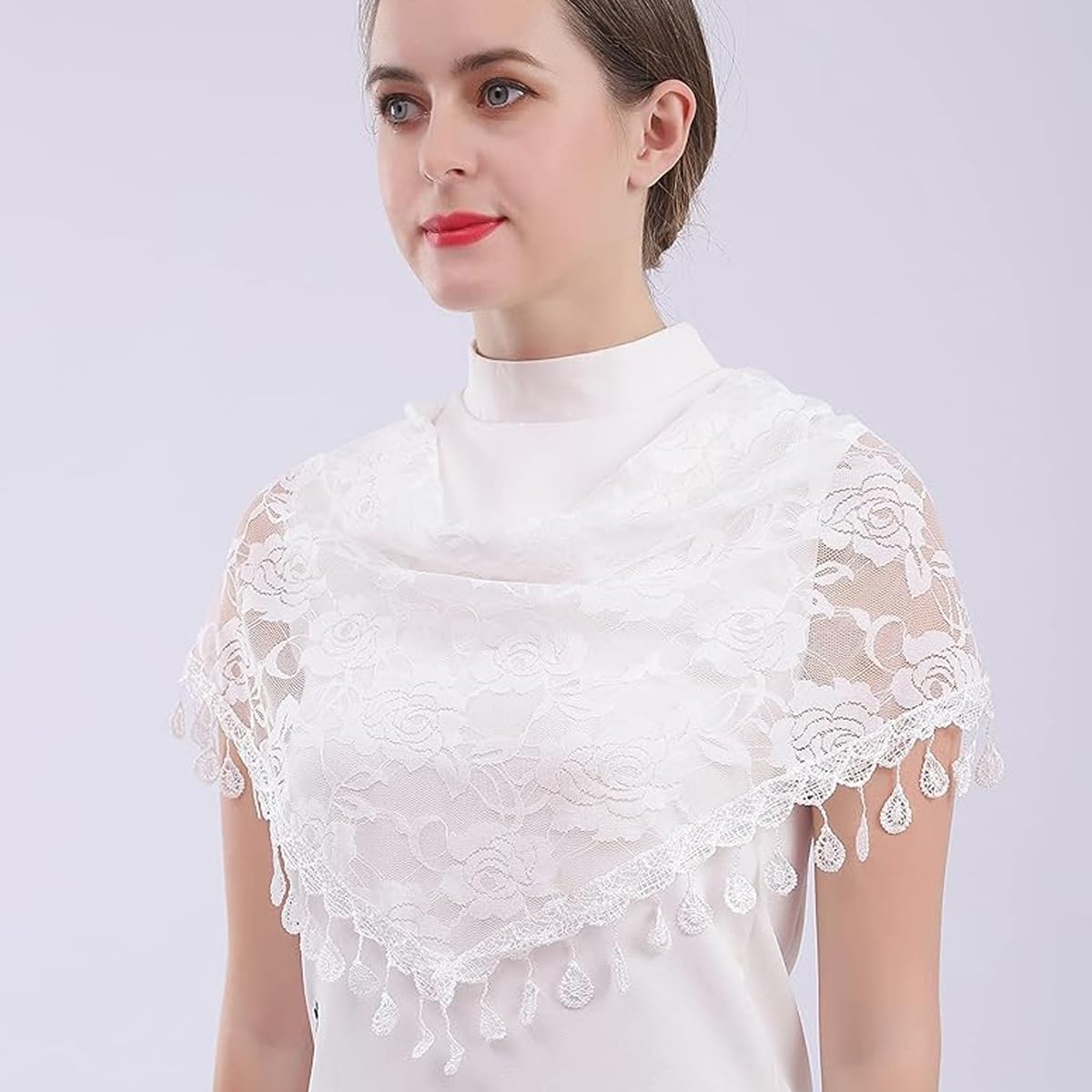 PALAY Mass Veil for Women featuring Triangle Lace Shawl with Embroidered Roses and Tassel Hem | White Church Head Covering