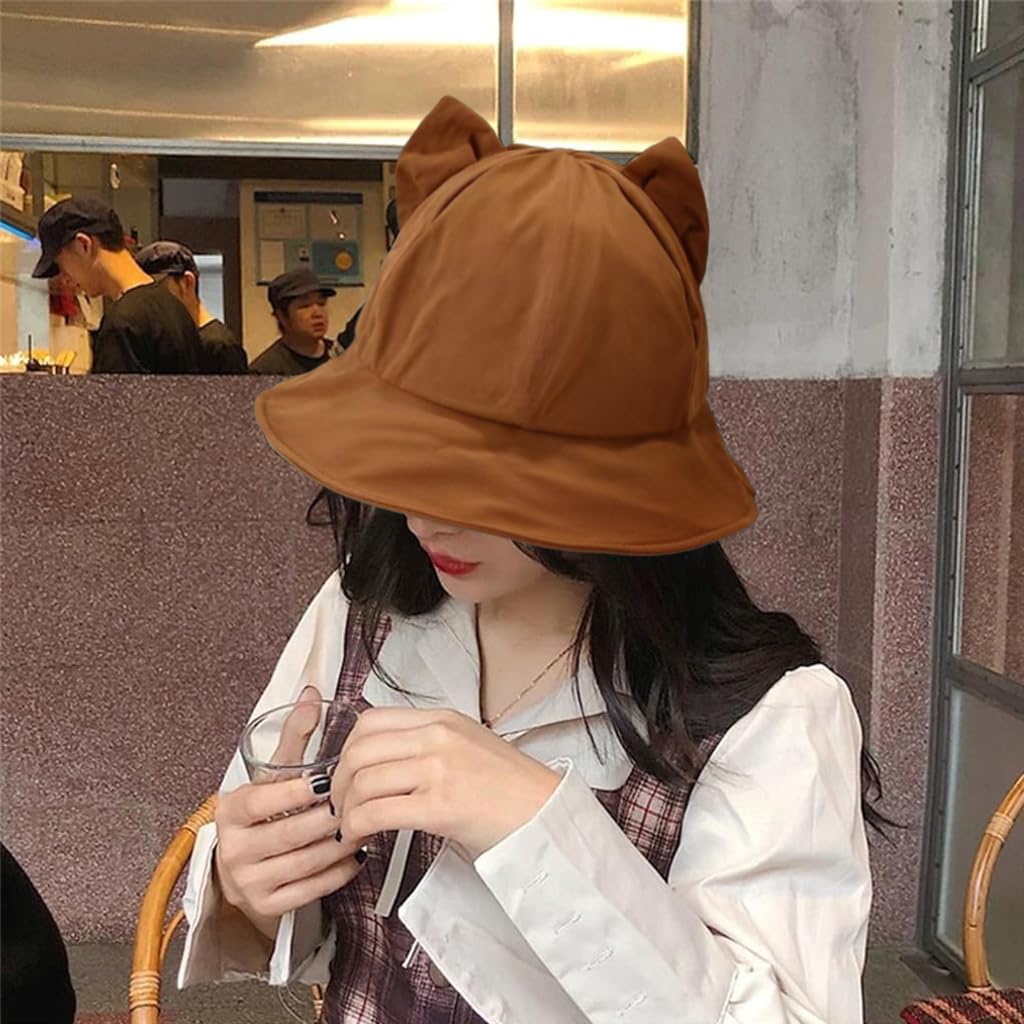 PALAY Bucket Hat for Women featuring Cat Ears and Adjustable 22‑22.8 in Fit | Brown Sun Cap