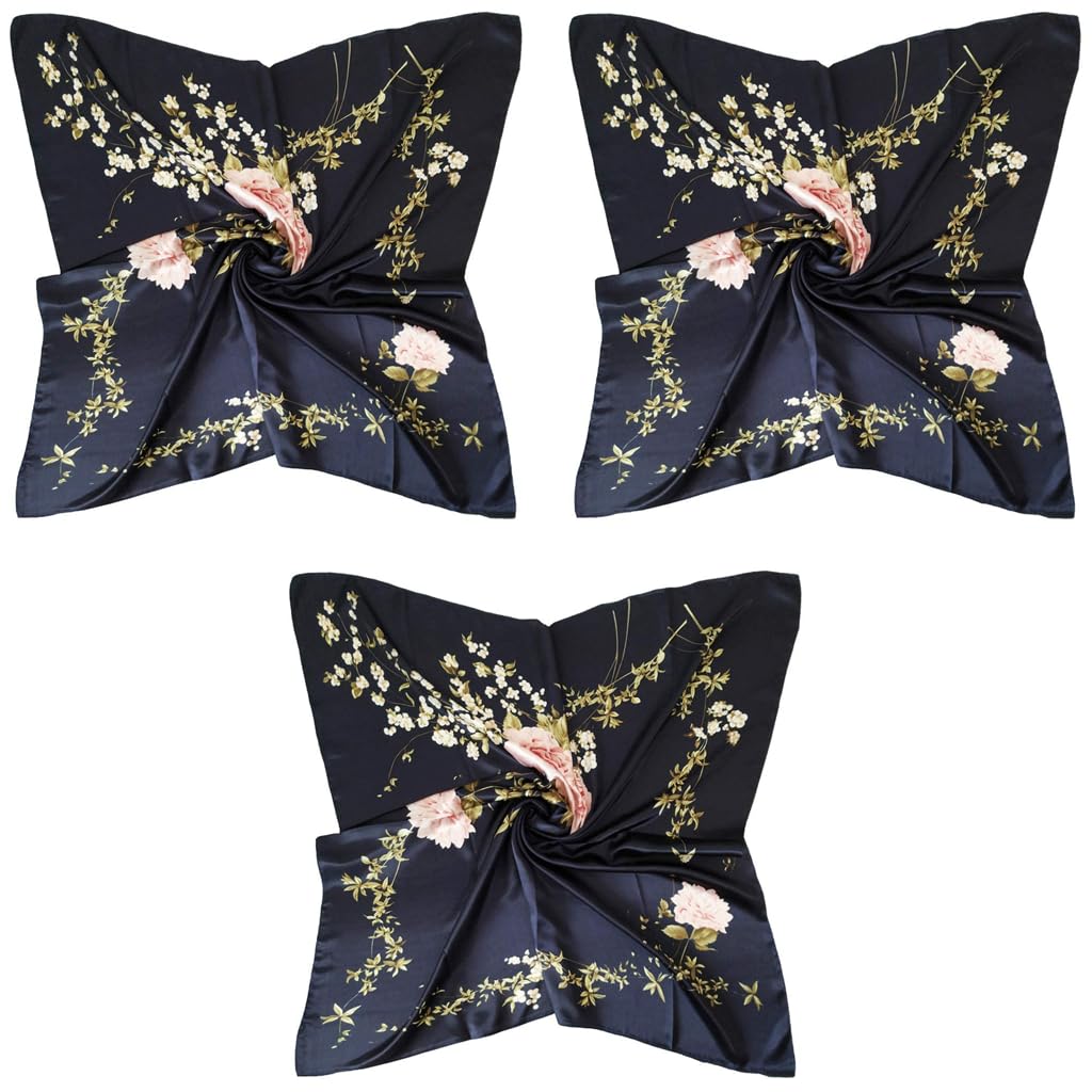 PALAY Square Scarf for Women with 35 x 35 in Size and Satin Silk Like Fabric in Navy Blue