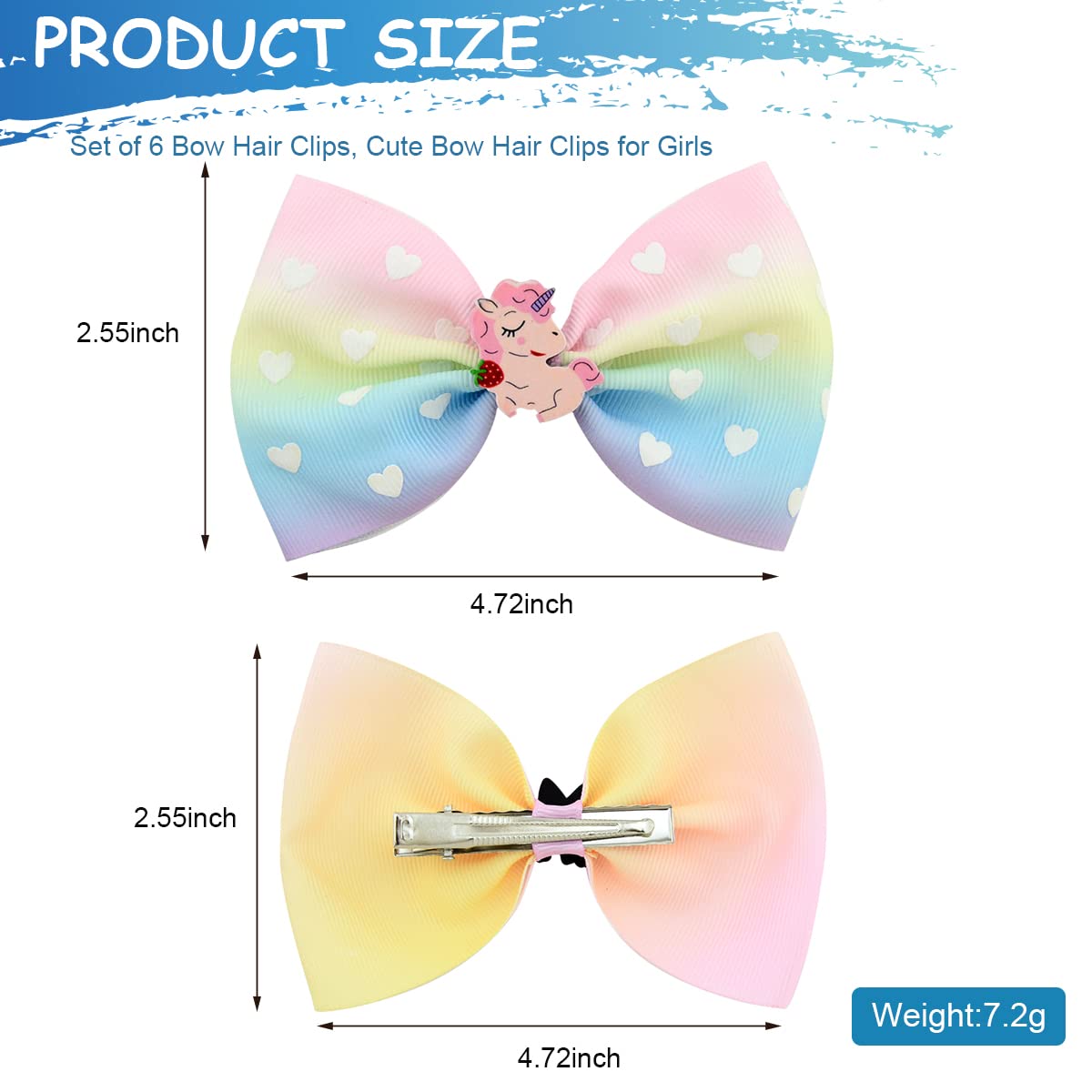 PALAY® 6 Pcs Hair Bows for Kids Girls Rainbow Bow Hair Clips for Girls Unicorn Mermaid Barrettes Hair Accessories for Girl Teens