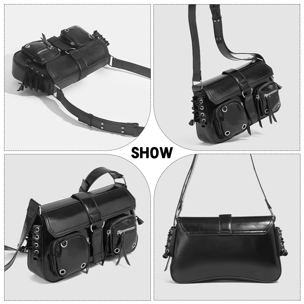 PALAY Shoulder Bag for Women 27x7x16 cm with Braided Accents and Metallic Eyelets | Black PU Hobo