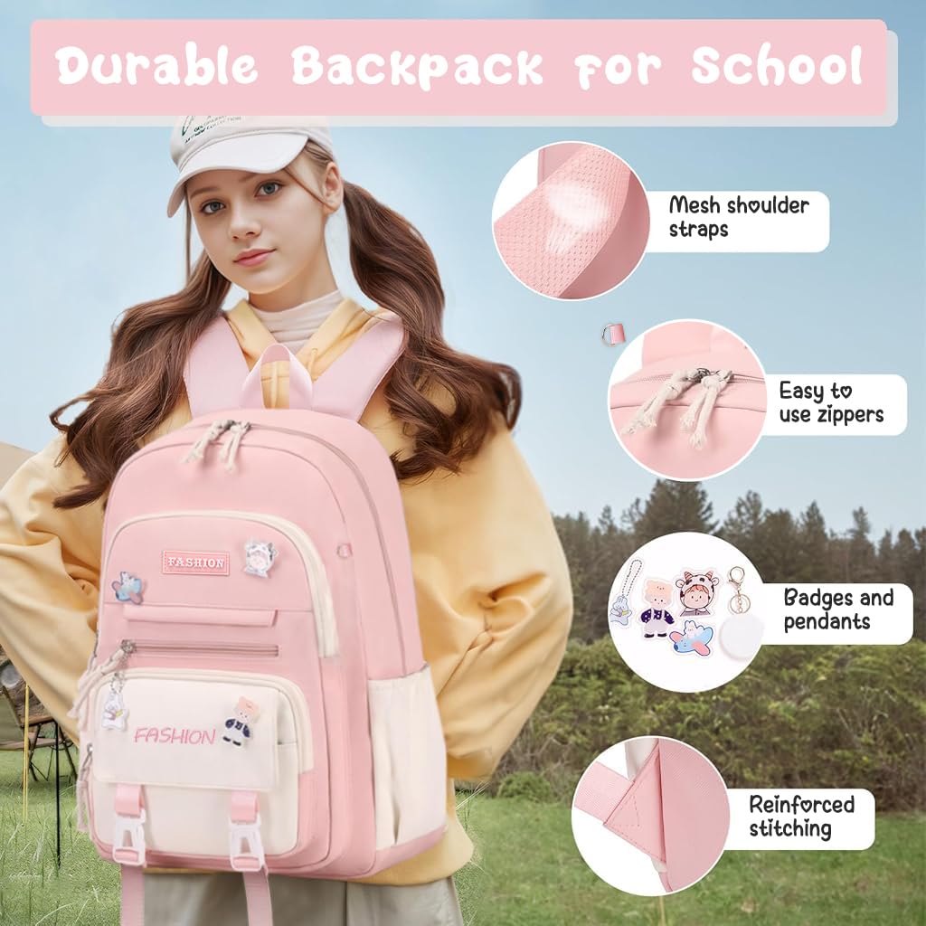 PALAY School Bag for Girls with Multi Zipper Compartments 15.6 in Laptop Space | Oxford Cloth Pink Backpack