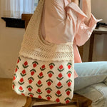 PALAY Knitting Tote Bag for Everyday Use with Patchwork Handle and Fringe | Beige 27.9 x 37.8 x 2 cm