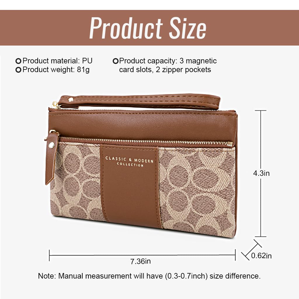 PALAY Women's Wristlet Clutch Wallet with Zipper Pouches and Hand Strap | PU Brown 18.7x11cm