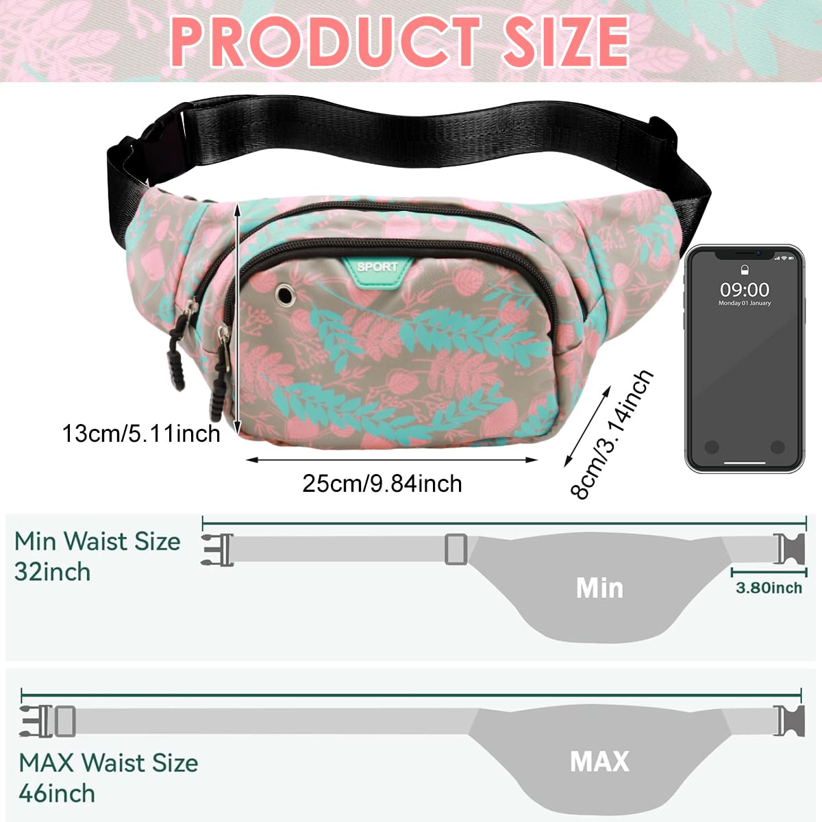 PALAY Waist Bag for Women featuring Double Layer Zipper Pockets and Waterproof Nylon | Pink Floral Lightweight Travel Fanny Pack