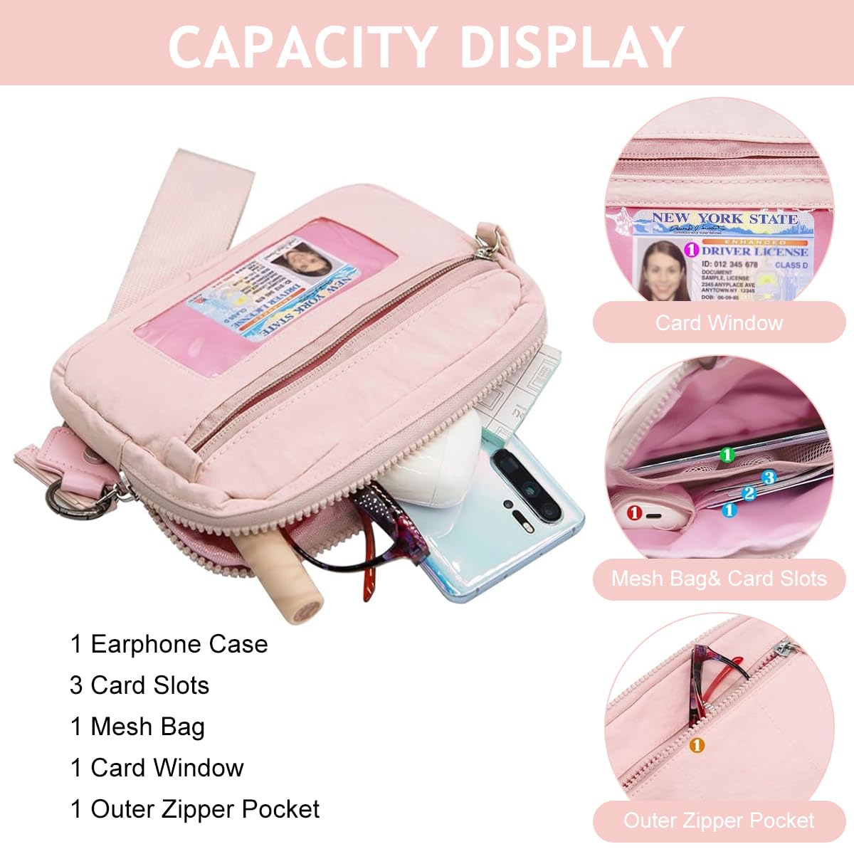 PALAY Wristlet Wallet for Travel with 3 Zipper Compartments and Pink Quilted Nylon Design