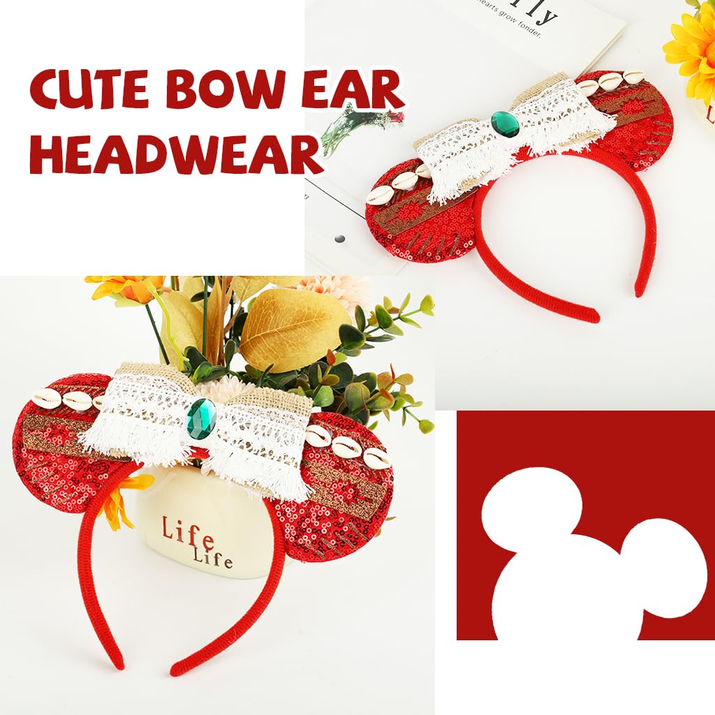 PALAY Moana Princess Hairband for Girls with Red Sequin Bow and Cute Mouse Ears | Party Accessory