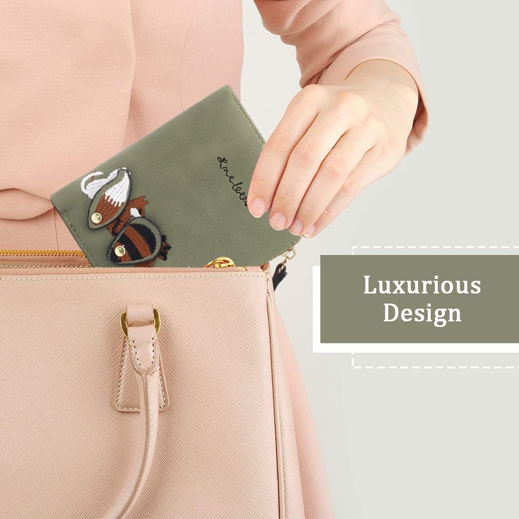 PALAY Wallet for Women 2pcs Set with Zipper Bi Fold Design and Fox Print PU Leather | Green and Grey Mini Purse 12 x 9.5 x 2 cm