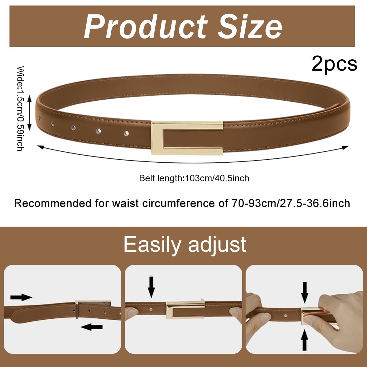 PALAY Women Belts for Jeans Dresses and Pants featuring Gold Buckle | 2Pcs 40in PU Leather