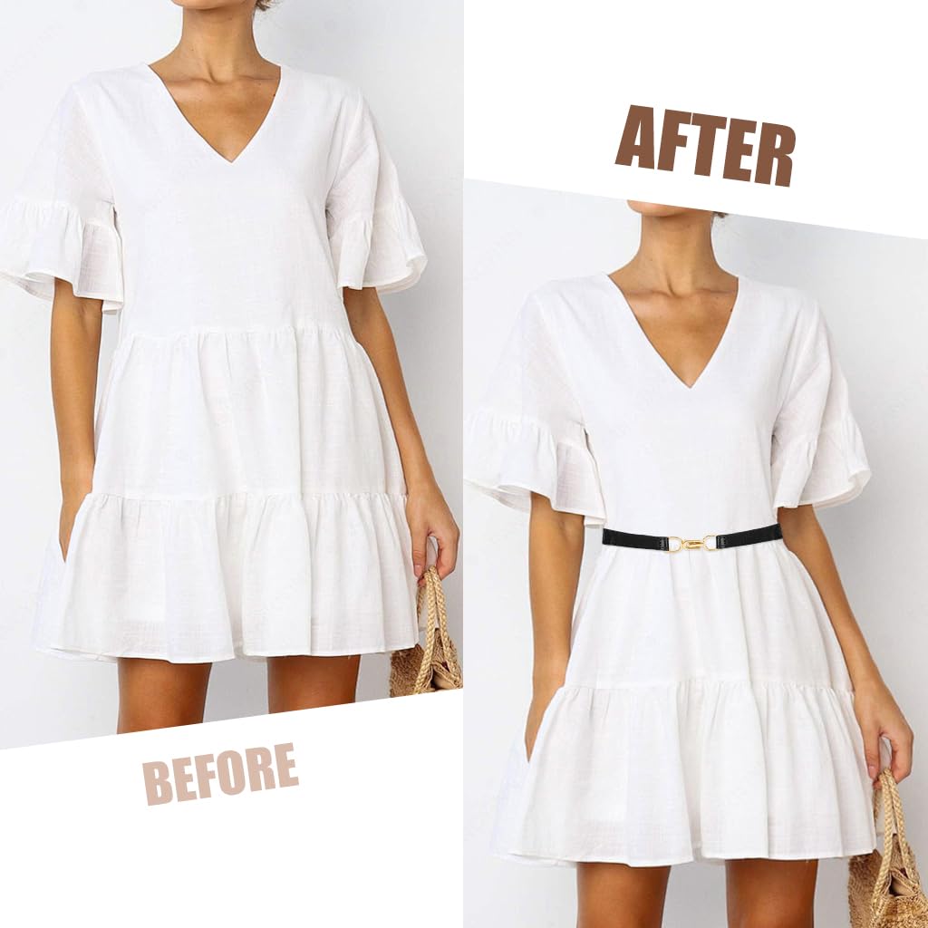 PALAY Waist Belt for Women Dresses with Metal Interlock Buckles, 2pcs Elastic PU Set | Black and Brown Slim Belts for Jeans and Blazers