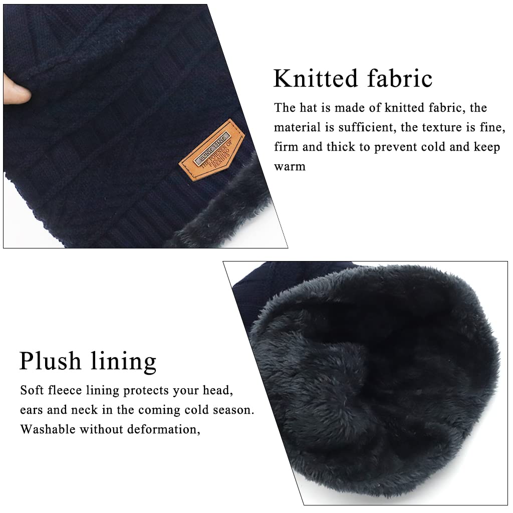 PALAY® Navy Blue Winter Warm Knitted Hats with Neck Gaiter Knitted Scarf Set,Beanie Cap Hat Neck Hat for Men and Women