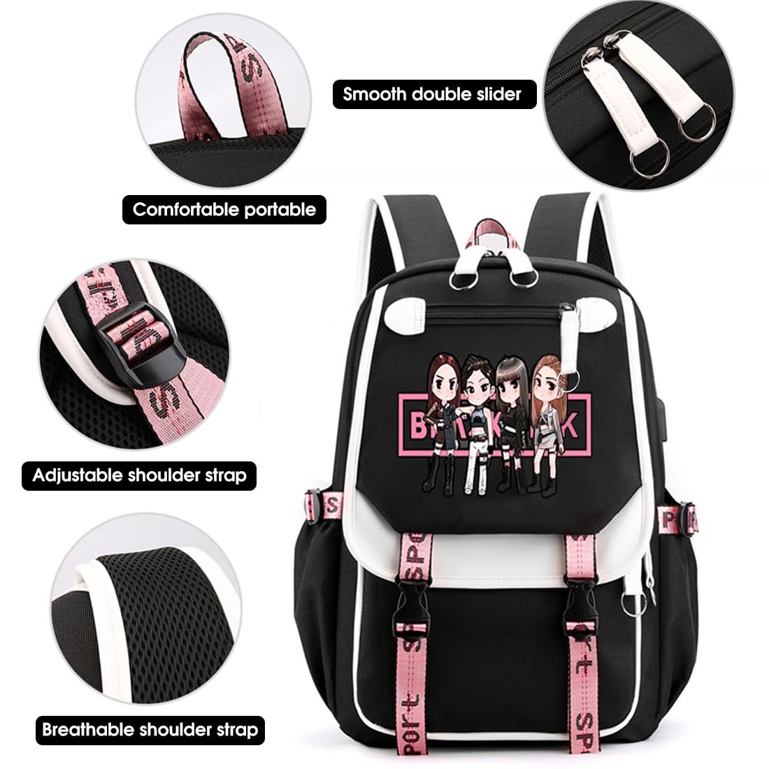 PALAY Blackpink School Backpack for Girls with USB Charging Port and 15.6 in Laptop Fit | Nylon Travel Bag