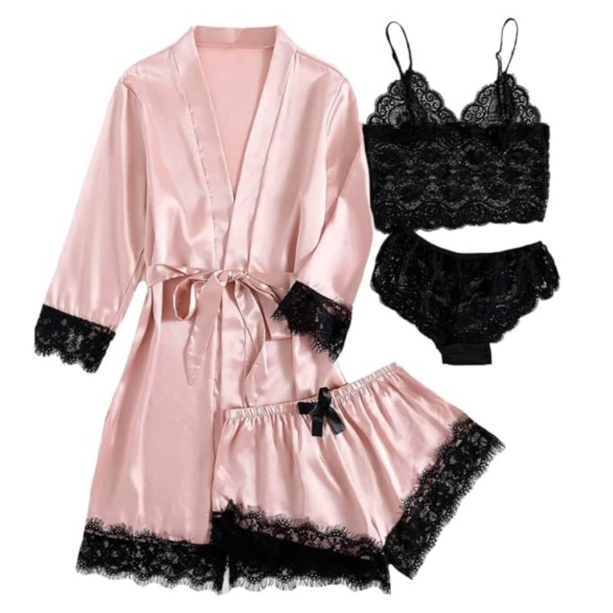PALAY Women Lingerie Set for Sleepwear and Loungewear featuring 4pcs Silk Lace Robe | Black Bra and Thong