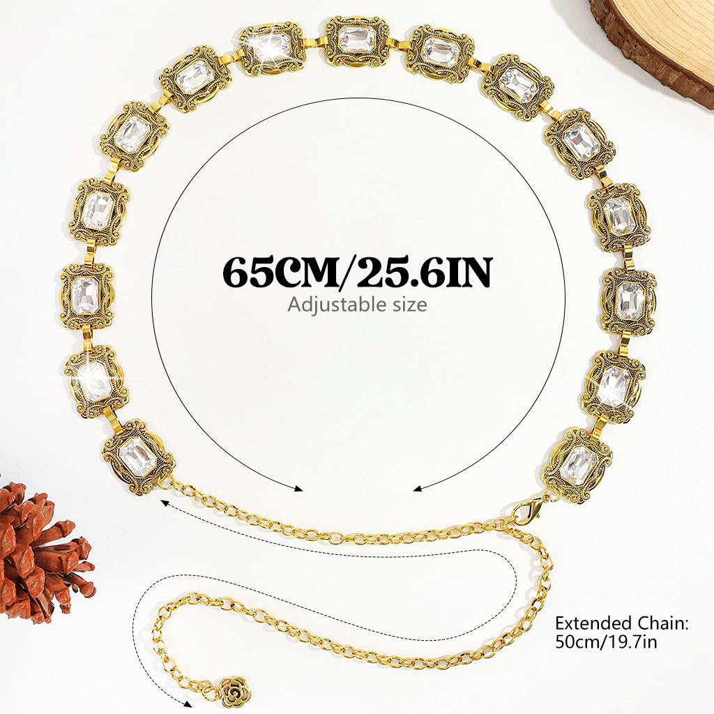 PALAY Belt for Women featuring Adjustable Metal Concho Chain and Crystal Accents in Gold