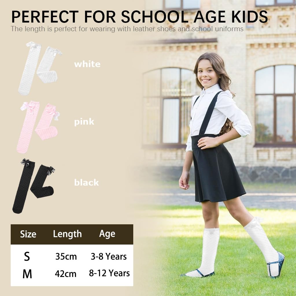 PALAY Stockings for Girls featuring Bow Design with 16.5 in Length Cotton Material | Ages 8–12