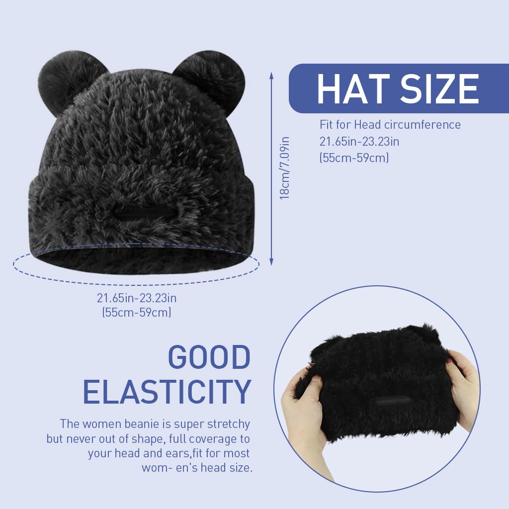 PALAY Winter Hat for Women with Bear Ear Design and Fleece Lining | Black 55–59 cm Fit