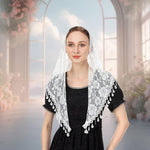 PALAY Mass Veil for Women featuring Triangle Lace Shawl with Embroidered Roses and Tassel Hem | White Church Head Covering