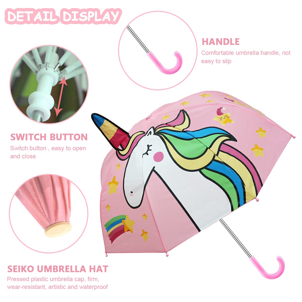 PALAY Unicorn Umbrella for Kids with 29 inch Canopy and 8 Fiber Ribs | 3D Ears Design