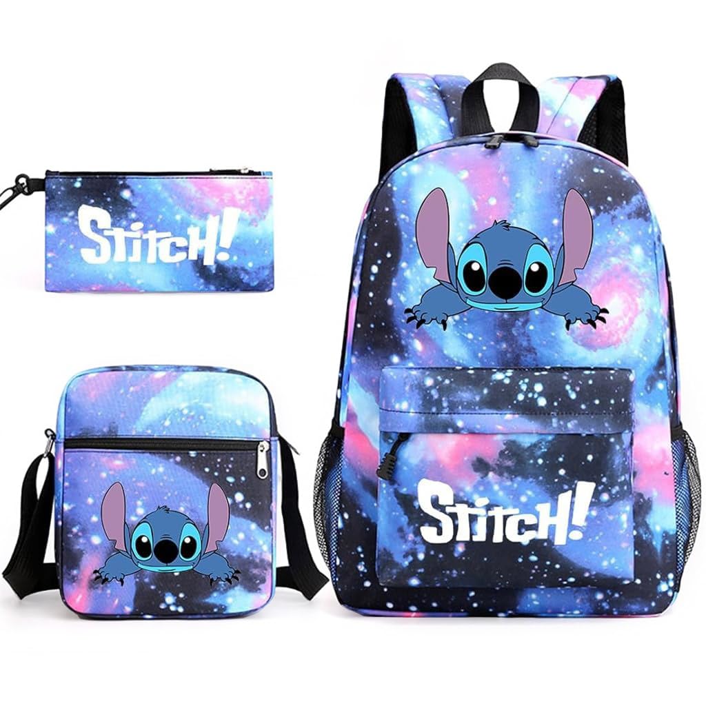 PALAY® School Backpack Set of 3Pcs Students School Backpacks Casual Messenger Bag & Pencil Pouch Fashion Cartoon Stitch Print School Backpack Shoulder Bag Book Bag Birthday Gift for Kids