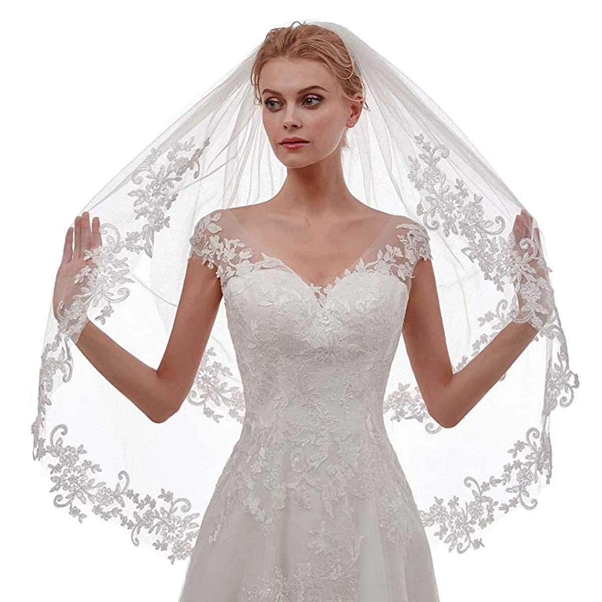 PALAY Bridal Veil for Wedding and Bachelorette Party with Lace Floral Edge 150cm Pure White Tulle