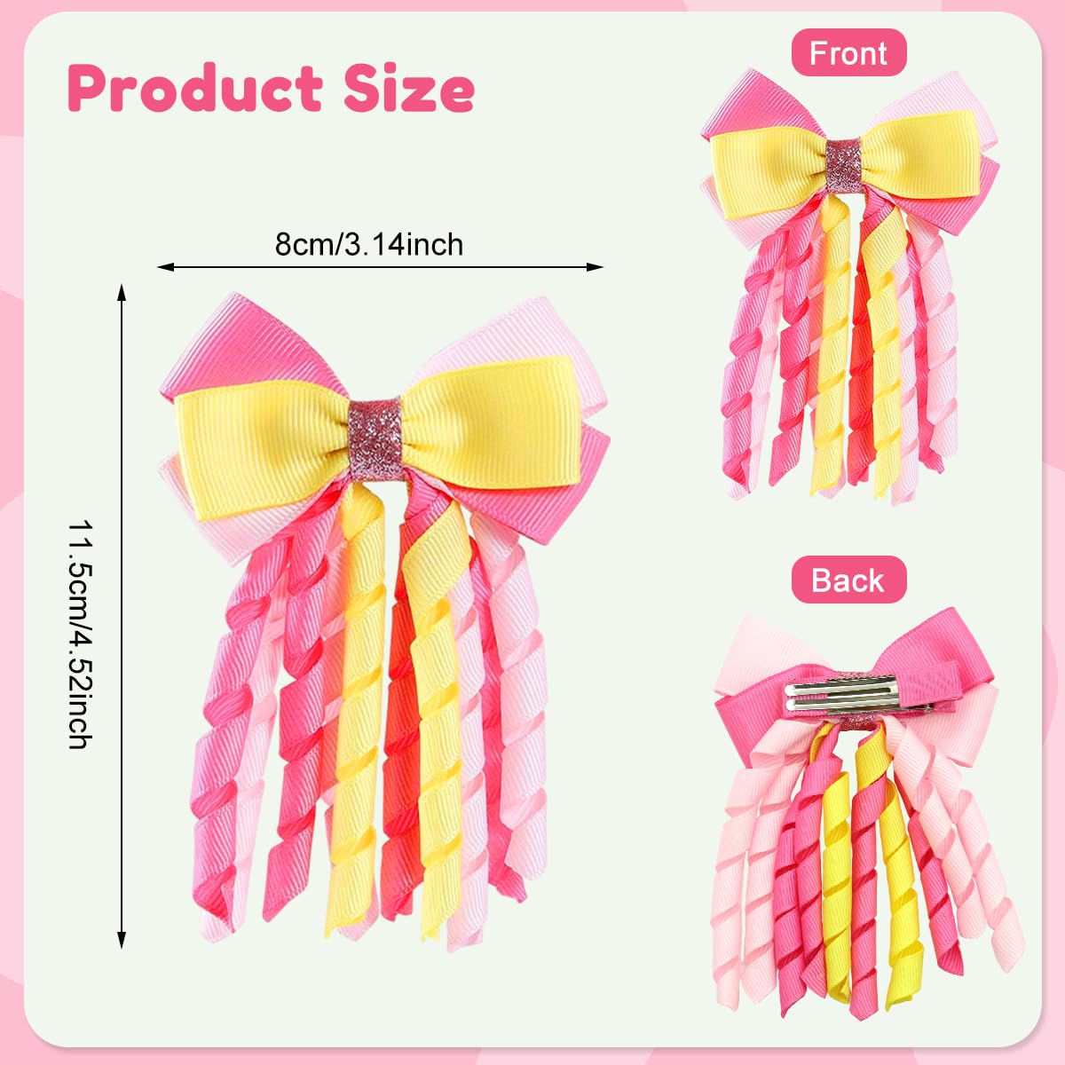 PALAY Ribbon Bow Hair Clips for Girls with Curly Tails in Pink and Golden | 2 Pcs Set