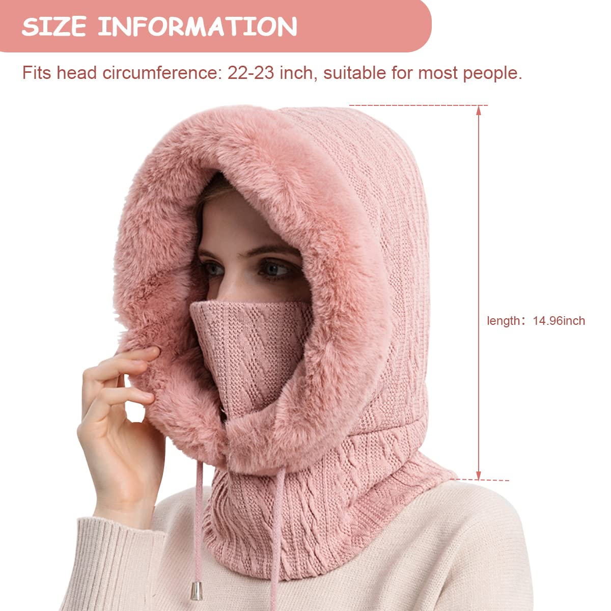 PALAY Winter Cap for Women featuring 35cm Hood Height with Fleece Lined Neck Scarf & Mask | Pink