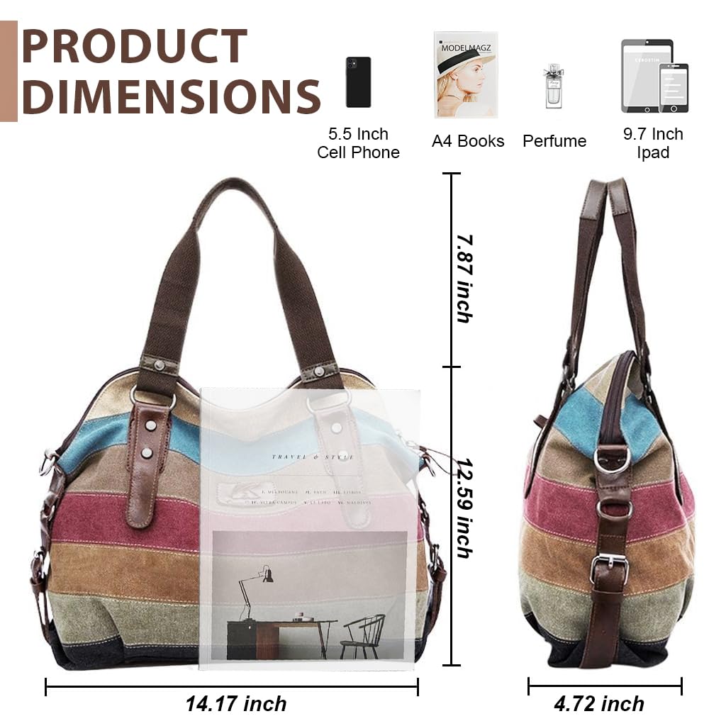 PALAY Canvas Tote Bag for Work and Travel with Removable Shoulder Belt 36x12x37 cm | Stripy Print