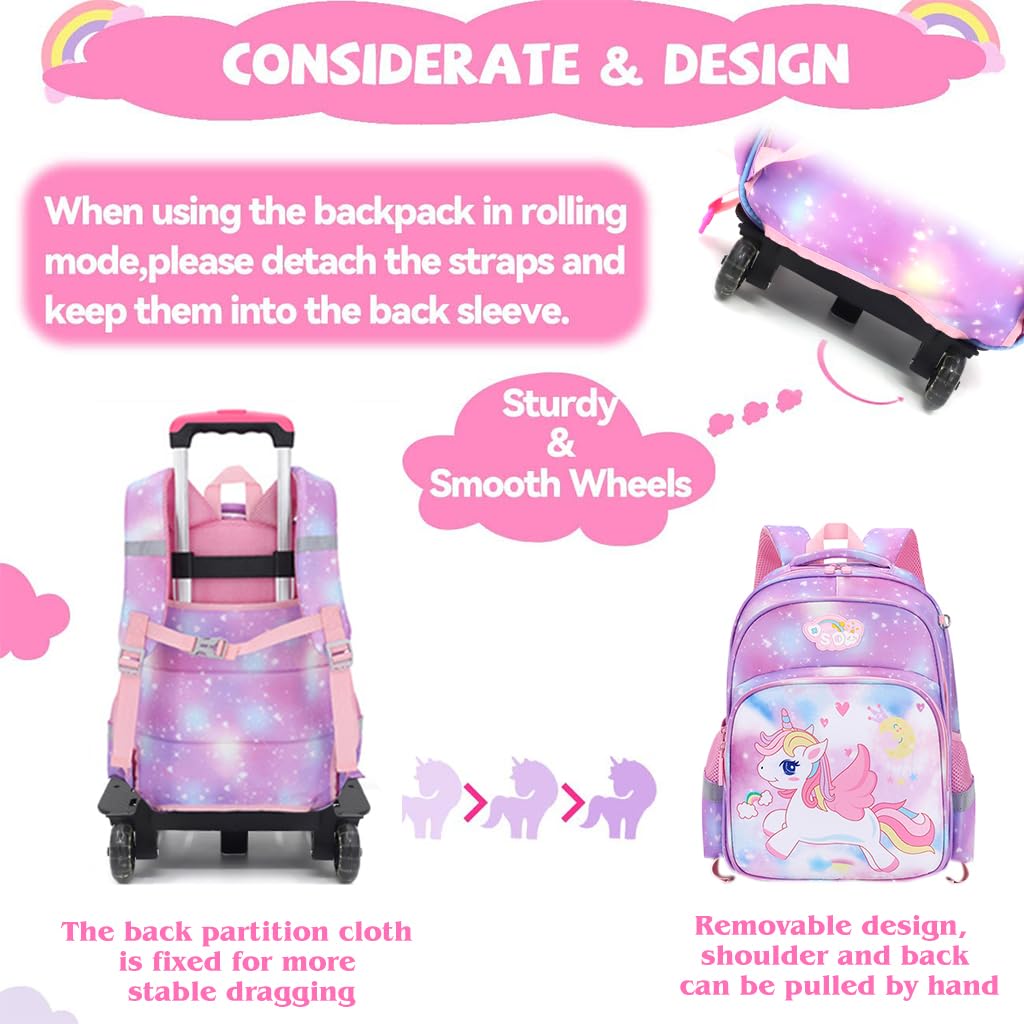 PALAY® Unicorn Print School Backpack for Girls Travel BackPack for Girl School Bag on Wheel Detachable Wheel Stand Gift School Bag for Girls Primary Student