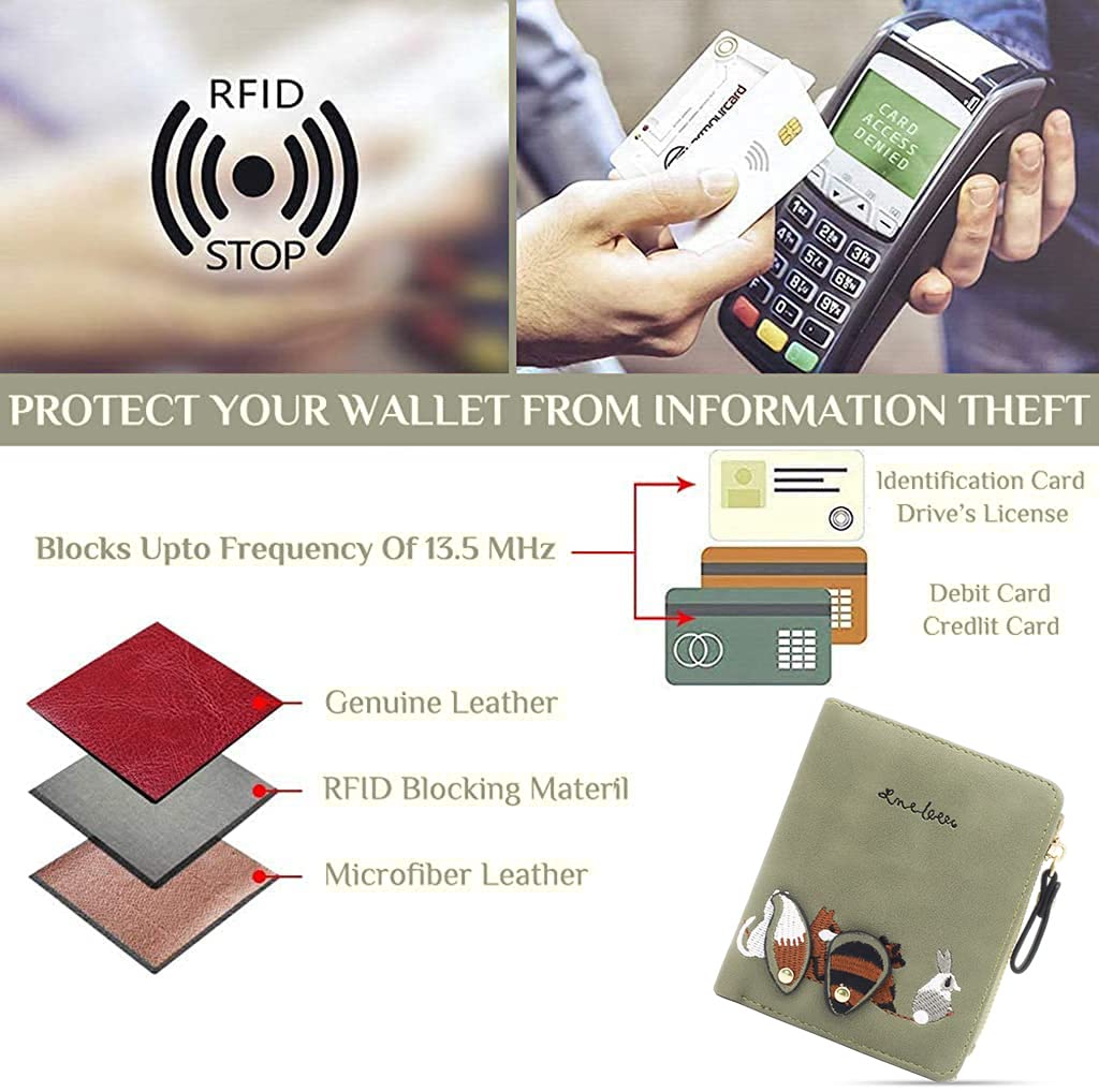 PALAY® 2Pcs Small Wallet for Women Stylish Cute Fox Print Wallets with Zipper PU Leather Bi-Fold Mini Purse Coin Card Holder Pocket Wallet Ladies Purse Birthday Gift for Girls, Women - Green&Pink