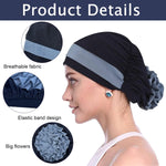 PALAY® Women Hair Wrap Head Wrap Grey Flower Hair Wrap Cap Turban Cap Slouchy Chemo Cap Head Wrap Hat for Women Sleep Hat Headwear, Navy