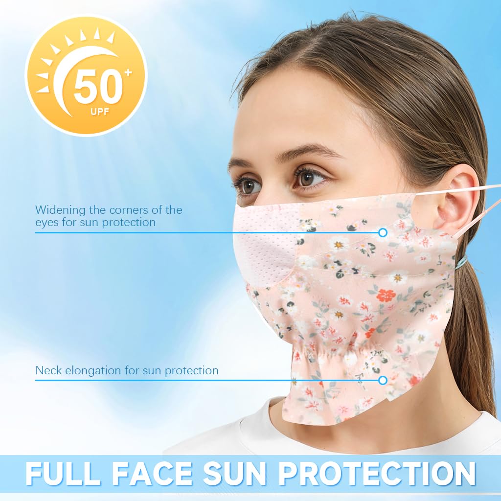 PALAY Face Mask for Women with UPF 50 Plus Sun Protection and Adjustable Ear Loops | Breathable Reusable Floral Cover in Pink