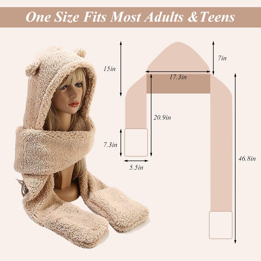 PALAY® Kawaii Winter Scarf Hat for Girls 3 In 1 Cute Bear Ear Warm Scoodie Scarf Hat Extended Long Scarf & Intergrated Gloves Fashion Winter Scarf Hat Gift for Girls