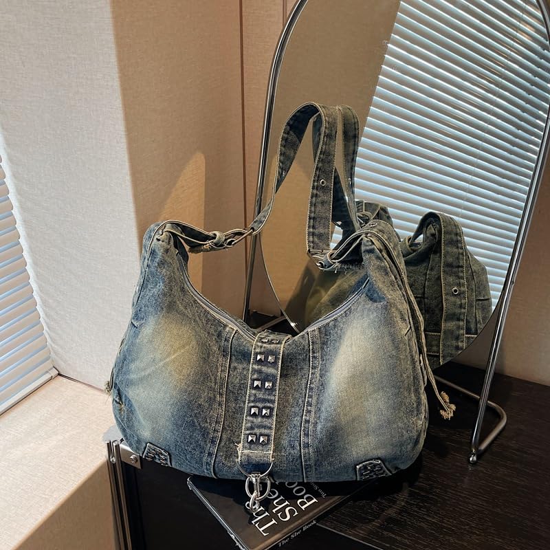 PALAY® Vintage Washed Denim Hobo Shoulder Tote Bag, Casual Handbag with Studded Accents, Adjustable Straps, Zipper Closure, Punk Retro Casual Handbag Street Bag for Women & Everyday Use, 40×13×24cm