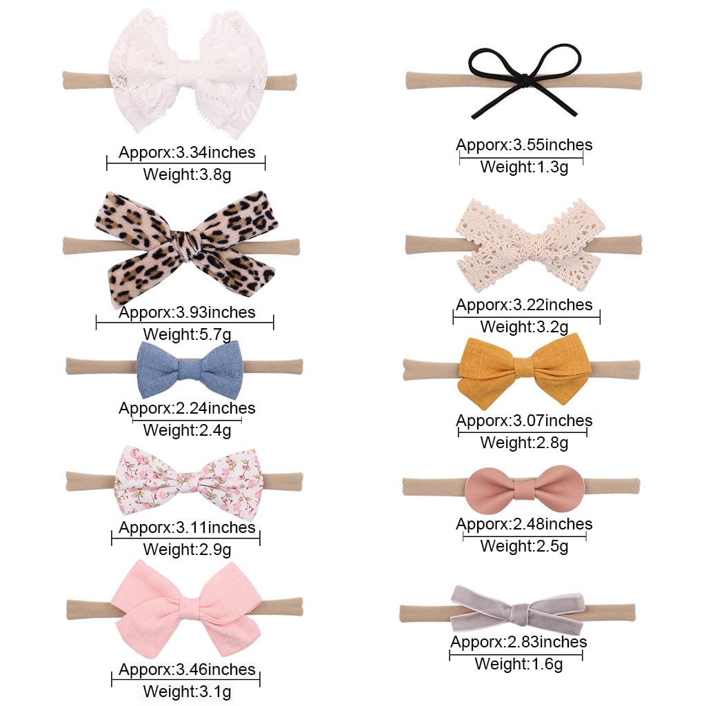 PALAY Bow Hair Bands for Baby Girls featuring Soft Stretchy Nylon Headbands 10pcs | Adorable Gift for Newborns