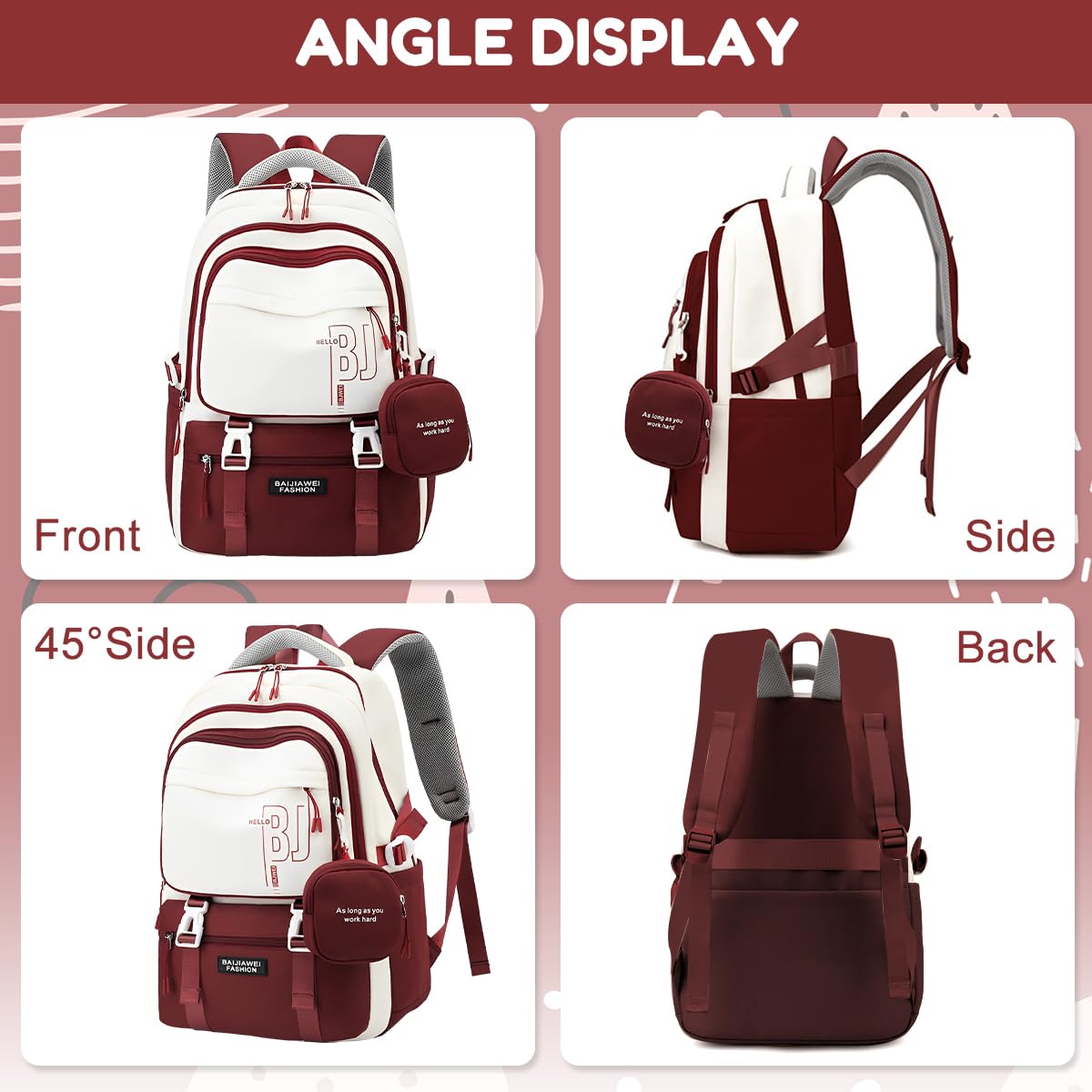 PALAY Girls Backpack for School and Travel with Multi Compartments and Small Zipper Pouch featuring Red Nylon Design | Comfortable Padded Straps